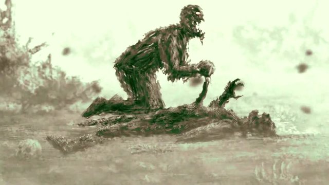 Spooky zombie apocalypse. Animation horror fantasy genre. Angry undead sits and eats its prey. Dead man lies on ground. Dark city ruins in fog. Green background color. Scary movie with two persons. 