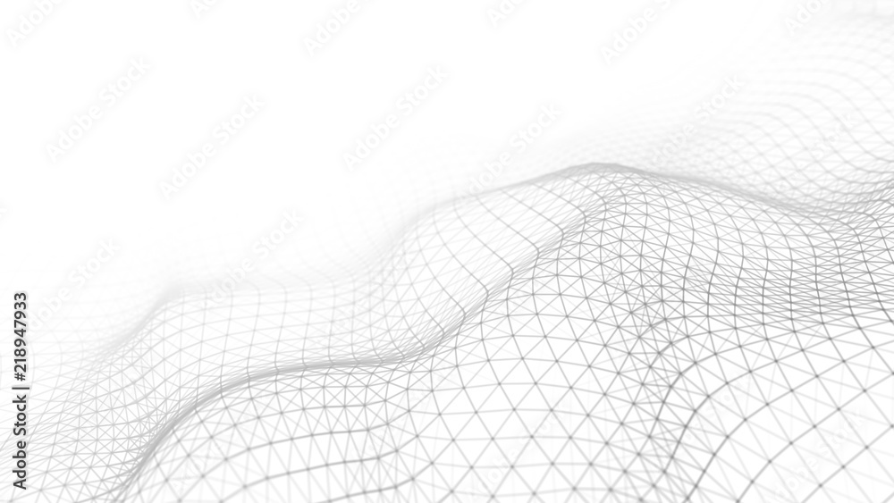 Poster Wave white background. Abstract white futuristic background. Wave with connecting dots and lines on dark background. Wave of particles. 3D rendering.