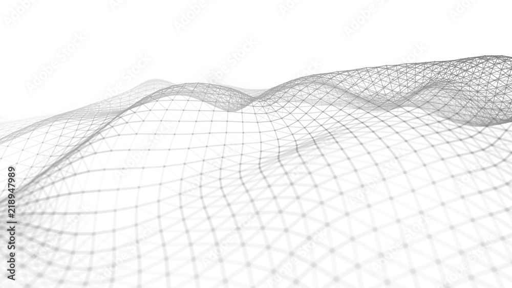 Poster Wave white background. Abstract white futuristic background. Wave with connecting dots and lines on dark background. Wave of particles. 3D rendering.