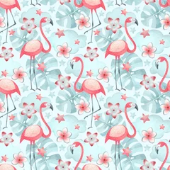 Fototapete Flamingo Watercolor illustrations of flamingos, tropical flowers and leaves. Seamless tropical pattern