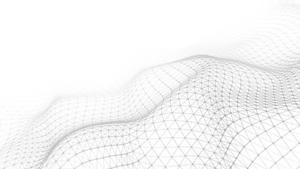 Wave white background. Abstract white futuristic background. Wave with connecting dots and lines on dark background. Wave of particles. 3D rendering. - obrazy, fototapety, plakaty
