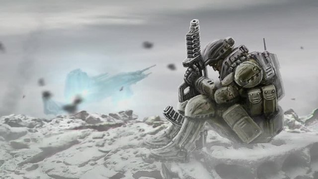 Soldier with rifle is waiting evacuation after battle. Landing spacecraft 2D animation. Space knight HD video clip. Abstract background for motion graphics. Science fiction warrior character concept. 