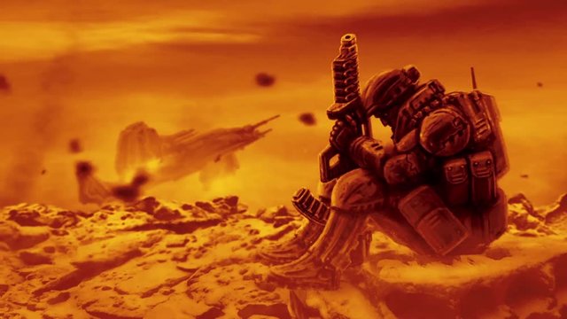 Grim soldier is waiting evacuation. Landing spacecraft. Future war. Sci-fi 2d animation. Horror fiction genre. Animated backdrop movie. Spooky Halloween. Motion graphics for Vj loop and music clip. 