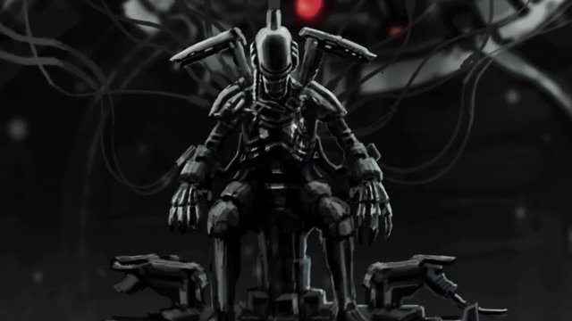Alien astronaut sits in suit on his iron throne. Evil character in front. Sci-fi 2d animation. Horror fiction genre. Animated backdrop movie. Future war. Motion graphics for Vj loop and music clip.