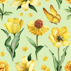 Watercolor illustrations of yellow flowers. Seamless pattern