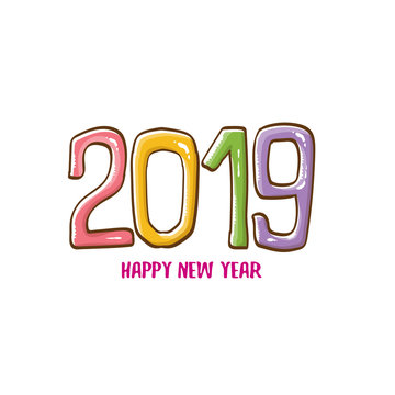 2019 Happy New Year poster design template. Vector happy new year greeting illustration with colored hand drawn 2019 numbers and stars isolated on white background