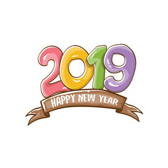 2019 Happy New Year poster design template. Vector happy new year greeting illustration with colored hand drawn 2019 numbers and stars isolated on white background