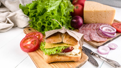 Food banner. Italian Mediterranean Traditional Cuisine. Sandwich with prosciutto