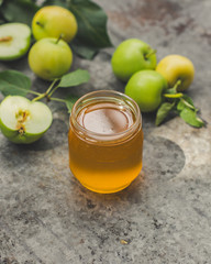honey and apples. food background. copy space