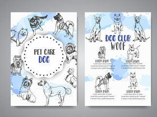 Dog club poster with Hand drawn dogs breeds. Sketch of dog. Brochure with bulldog, dachshund, Husky, Yorkshire Terrier Vector
