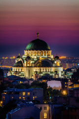 Belgrade, Serbia - April 10, 2017: Belgrade panorama with the temple of St. Sava by night