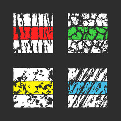 Tracking or hiking trail paint marks of various colors with grunge textures of tree bark or rocks, international touristic rout sign used on a terrain to mark a trail in forests , desert, or mountains