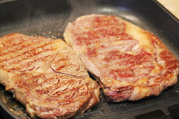 Two steaks cooked on the pan