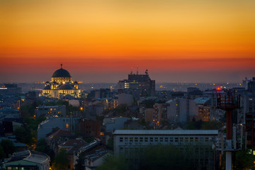 Belgrade panorama with the temple of St. Sava and sunset