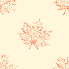 Seamless pattern with hand drawn maple leaves. Vintage autumn background