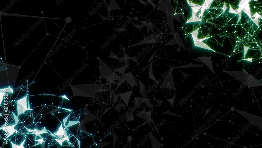 Poster Volumetric background. Place for text.Scientific background and abstract technology. Plexus digital dynamic wallpaper. Bound lines, triangles and points. Loop Animation