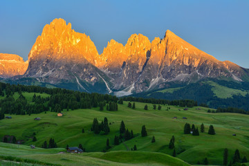 Italy Dolomites Alpe di Siusi Plattkofel Langkofel sunset - obrazy, fototapety, plakaty