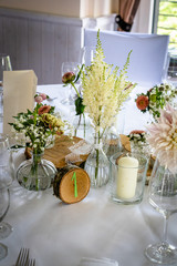 Handmade wedding decoration, flowers, wood, flowers in vintage and natural look