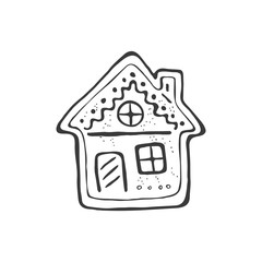 Christmas gingerbread house vector illustration isolated on white background. Hand drawn Christmas symbol. Doodle style.