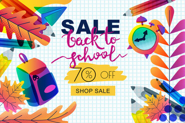 Vector back to school sale banner, poster template. Color gradients leaves, pencils, clock, backpack on paper background
