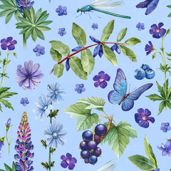 Summer seamless pattern. Watercolor illustrations of flowers, berries and insects
