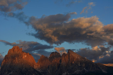 Italy Dolomites Plattkofel Langkofel peaks sunset 