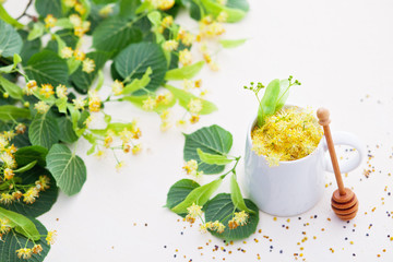 cup of linden tea and linden honey