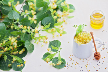 cup of linden tea and linden honey
