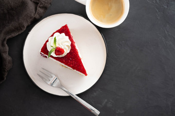 Raspberry tart, mousse cake, cheesecake with fresh raspberries. Piece of cheesecake on a white plate.