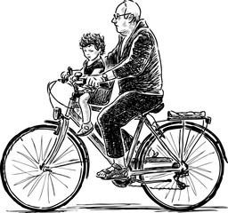 A grandfather with his grandson rides on a bicycle