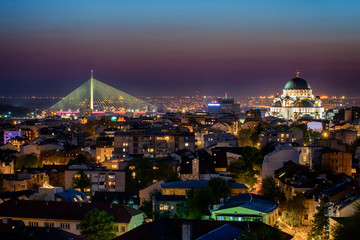 Belgrade, Serbia - April 10, 2017: Belgrade panorama with the temple of St. Sava by night