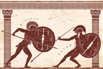 Two ancient Greek warrior Hector and Achilles with a spear and shield in his hands is fight between the columns on a beige background with an aged effect. - obrazy, fototapety, plakaty