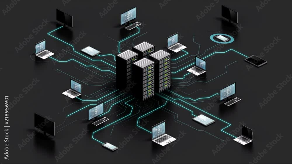 Wall mural internet of things computer technology connect main server system. 4k animation. gray back.