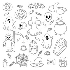 Happy Halloween. Background, wallpaper, template. Vector Cartoon Doodle Icons Set