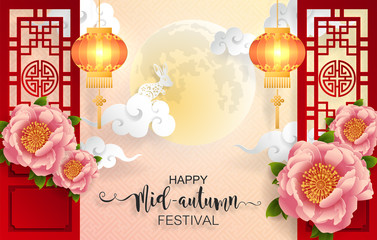 Naklejka premium Mid Autumn Festival with paper cut art and craft style on color Background.