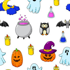 Happy Halloween. Seamless background, wallpaper, template. Vector Cartoon Doodle Icons Set