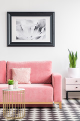 Poster above pink couch in modern living room interior with plant on gold table. Real photo