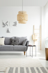 Grey settee with cushions in white spacious living room interior with lamp and posters. Real photo
