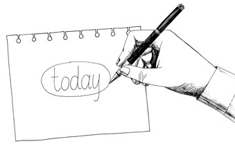 Vector illustration of male hand marking with pen the word today. Time management concept. Black and white hand drawn sketch isolated on white background