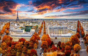 Aerial view of Paris in late autumn at sunset.Red and orange colored street trees. Eiffel Tower in the background. Paris, France