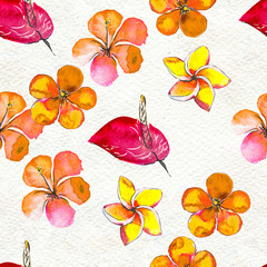 Seamless pattern With Tropical Flowers. Watercolor Background. Floral Hand Painted colorful illustration.