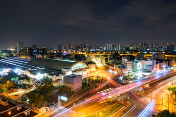 Fototapeta na wymiar High view of city with traffic car in sunrise time / Good morning Bangkok