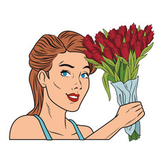 Woman with flowers bouquet pop art cartoon vector illustration graphic design