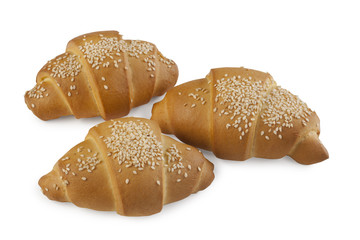 Buns with sesame seeds on white background.