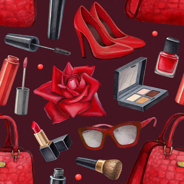 Illustrations of make up products and accessories. Seamless pattern