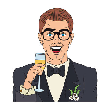 Groom with glasses and champagne cup pop art cartoon vector illustration graphic design
