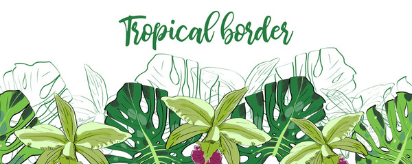 Tropical leaves, flowers seamless pattern border frame with space for text. Hand drawn sketch monstera, palm and orchids floral decoration for fabric, textile or graphic design.