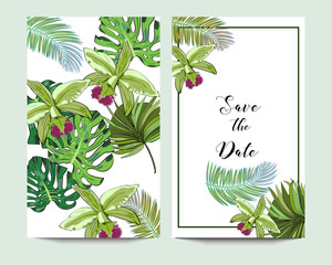 Vector drawn save the date card with tropical bergamot flowers and palm leaves.