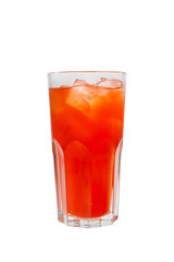 Single-colored, red cocktail in a glass with ice from grapefruit, tomato, strawberry. Isolated white background. Side view. Drink for the menu restaurant, bar, cafe