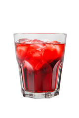 Monochrome transparent cocktail, refreshing in a low glass with a lot of ice cubes with taste of berries, cherries, strawberries, grapefruit. Side view Isolated white background. Drink for the menu